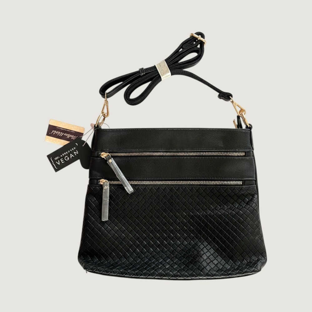 Mellow World Black Vegan Leather Crossbody Bag Woven Texture Gold Hardware NWT